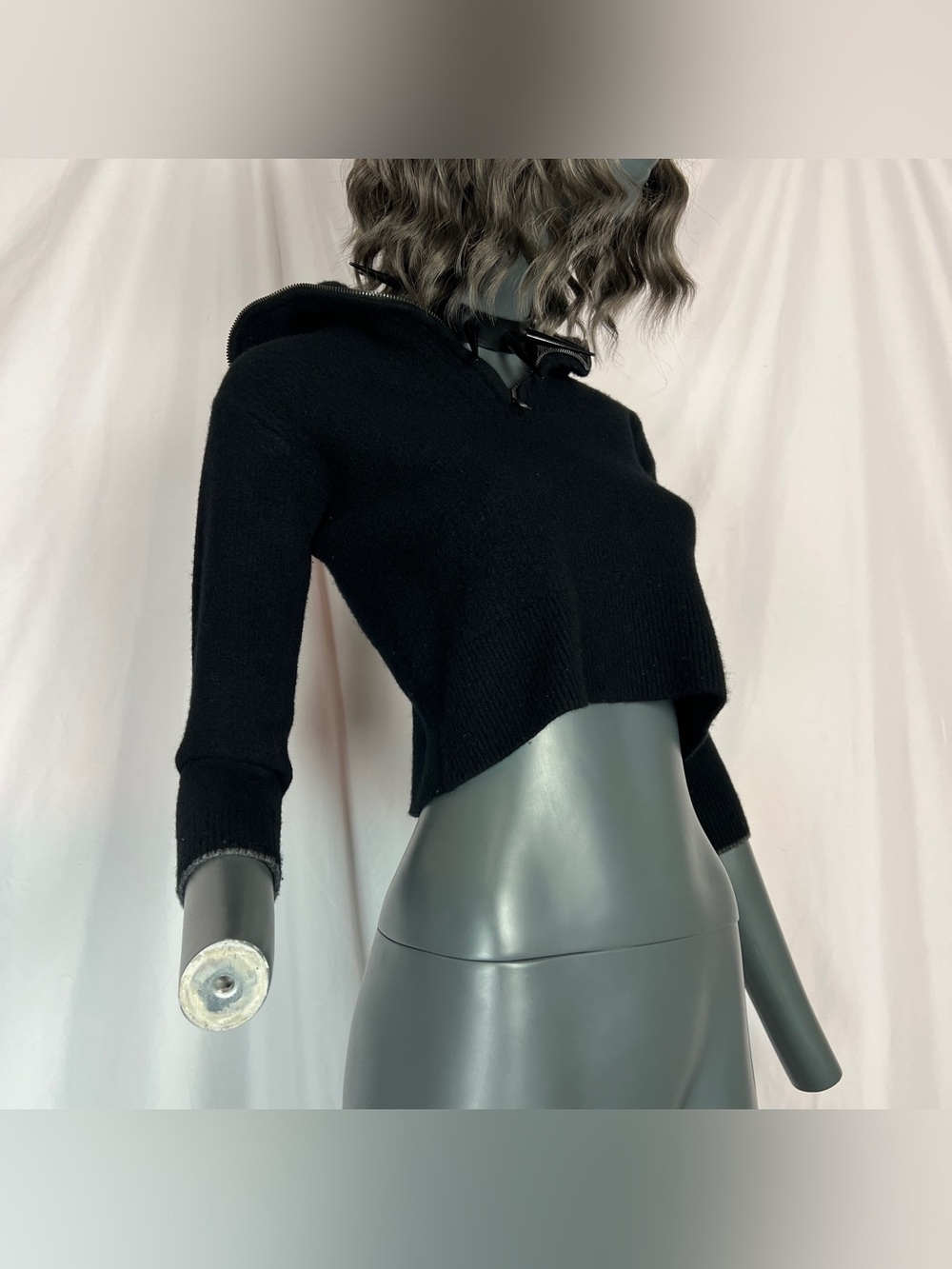 Black Half Zip Cropped Turtleneck Wool Sweater